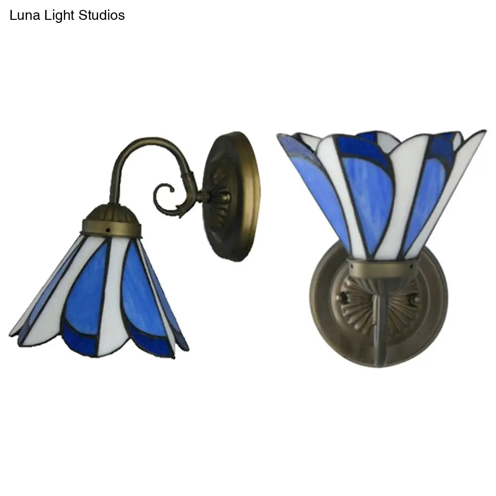 Conical Tiffany Rustic Wall Light in Blue and White - Glass Shade, 1 Head, Ideal for Restaurant Cafes