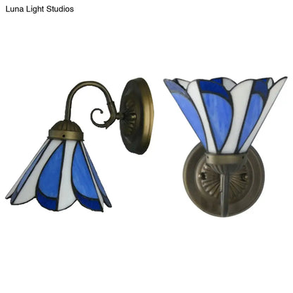 Conical Tiffany Rustic Wall Light in Blue and White - Glass Shade, 1 Head, Ideal for Restaurant Cafes