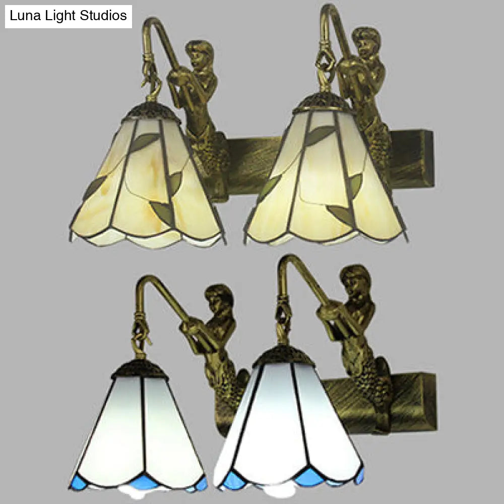 Conical Vanity Sconce Lighting with 2-Headed White/Beige Glass Tiffany Wall Mounted Light and Mermaid Decoration
