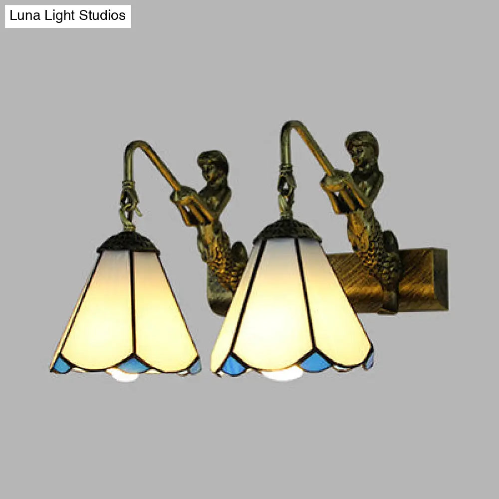 Conical Vanity Sconce Lighting with 2-Headed White/Beige Glass Tiffany Wall Mounted Light and Mermaid Decoration