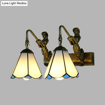 Conical Vanity Sconce Lighting with 2-Headed White/Beige Glass Tiffany Wall Mounted Light and Mermaid Decoration