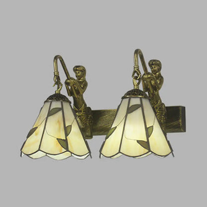 Conical Vanity Sconce Lighting with 2-Headed White/Beige Glass Tiffany Wall Mounted Light and Mermaid Decoration