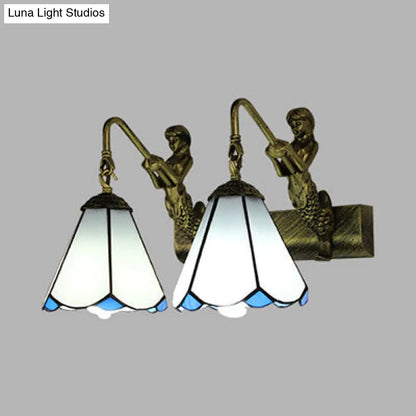 Conical Vanity Sconce Lighting with 2-Headed White/Beige Glass Tiffany Wall Mounted Light and Mermaid Decoration
