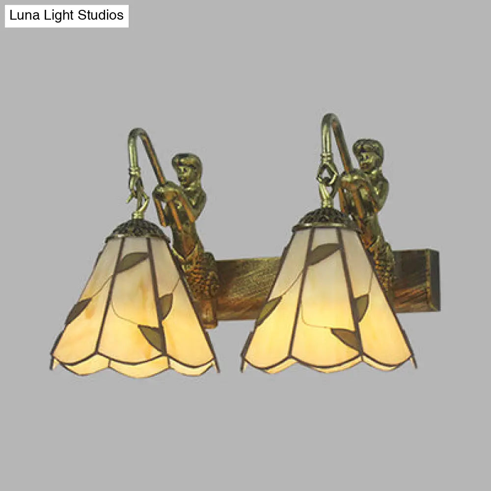 Conical Vanity Sconce Lighting with 2-Headed White/Beige Glass Tiffany Wall Mounted Light and Mermaid Decoration