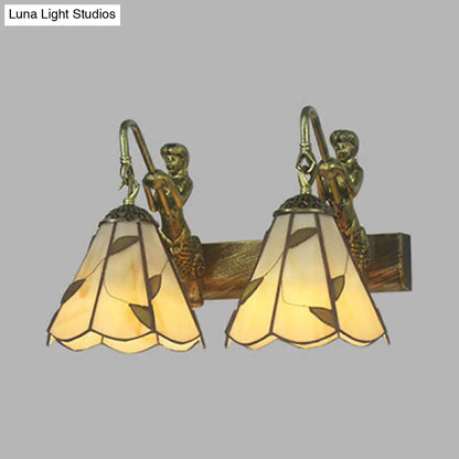 Conical Vanity Sconce Lighting with 2-Headed White/Beige Glass Tiffany Wall Mounted Light and Mermaid Decoration