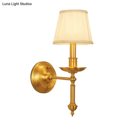Conical Wall Light with Single-Bulb, Fabric Shade, Candle Design - Gold Finish