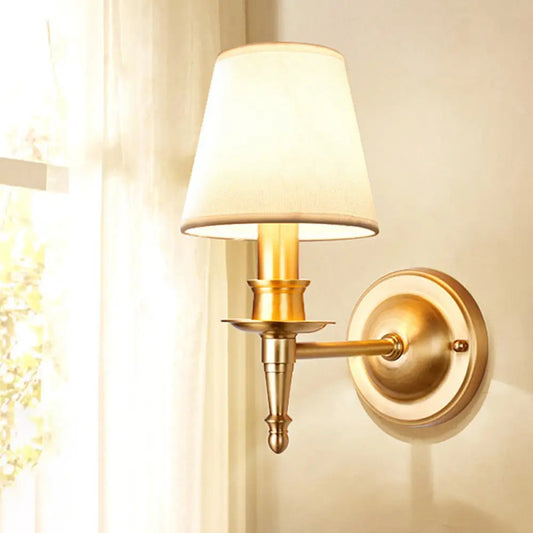 Conical Wall Light with Single-Bulb, Fabric Shade, Candle Design - Gold Finish