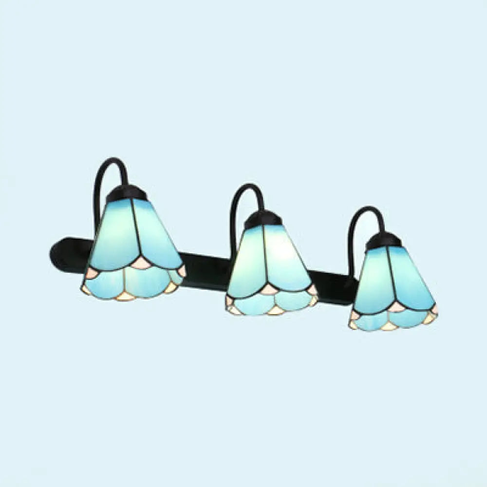 Conical Wall Mount Tiffany Glass Vanity Light for Bathroom - 3 Heads (White/Blue)