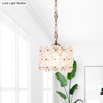 Contemporary 1-Light Drum White Floral Glass Hanging Light Kit - Brass Ceiling Pendant