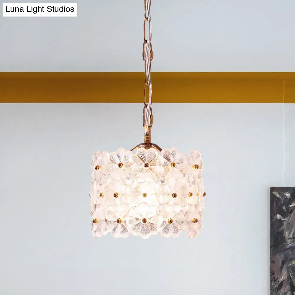 Contemporary 1-Light Drum White Floral Glass Hanging Light Kit - Brass Ceiling Pendant