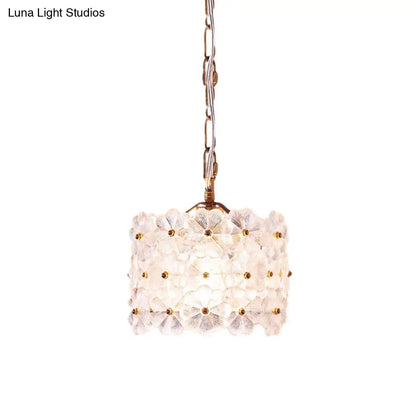 Contemporary 1-Light Drum White Floral Glass Hanging Light Kit - Brass Ceiling Pendant