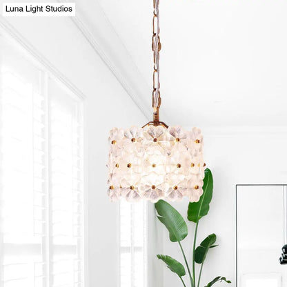 Contemporary 1-Light Drum White Floral Glass Hanging Light Kit - Brass Ceiling Pendant