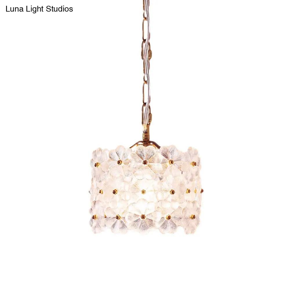 Contemporary 1-Light Drum White Floral Glass Hanging Light Kit - Brass Ceiling Pendant