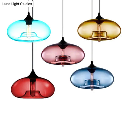 Contemporary 1-Light Hanging Ceiling Lamp with Oval Glass Shade in Red/Brown/Blue