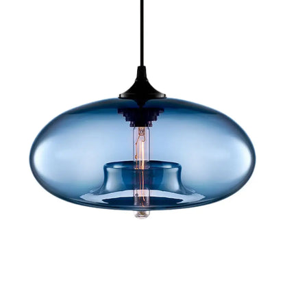 Contemporary 1-Light Hanging Ceiling Lamp with Oval Glass Shade in Red/Brown/Blue