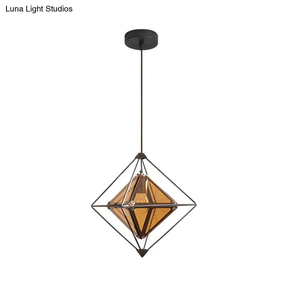 Contemporary 1-Light Pendant with Amber/Smoke Gray Glass Shade - Polygon Ceiling Lamp with Black/Gold Frame