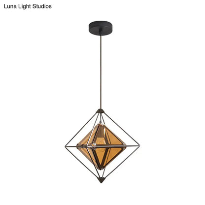 Contemporary 1-Light Pendant with Amber/Smoke Gray Glass Shade - Polygon Ceiling Lamp with Black/Gold Frame