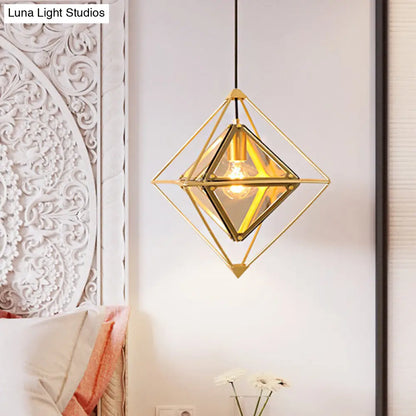 Contemporary 1-Light Pendant with Amber/Smoke Gray Glass Shade - Polygon Ceiling Lamp with Black/Gold Frame