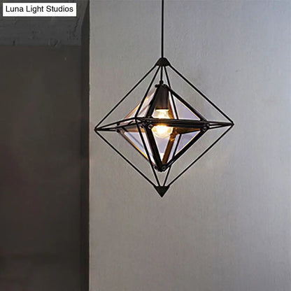 Contemporary 1-Light Pendant with Amber/Smoke Gray Glass Shade - Polygon Ceiling Lamp with Black/Gold Frame