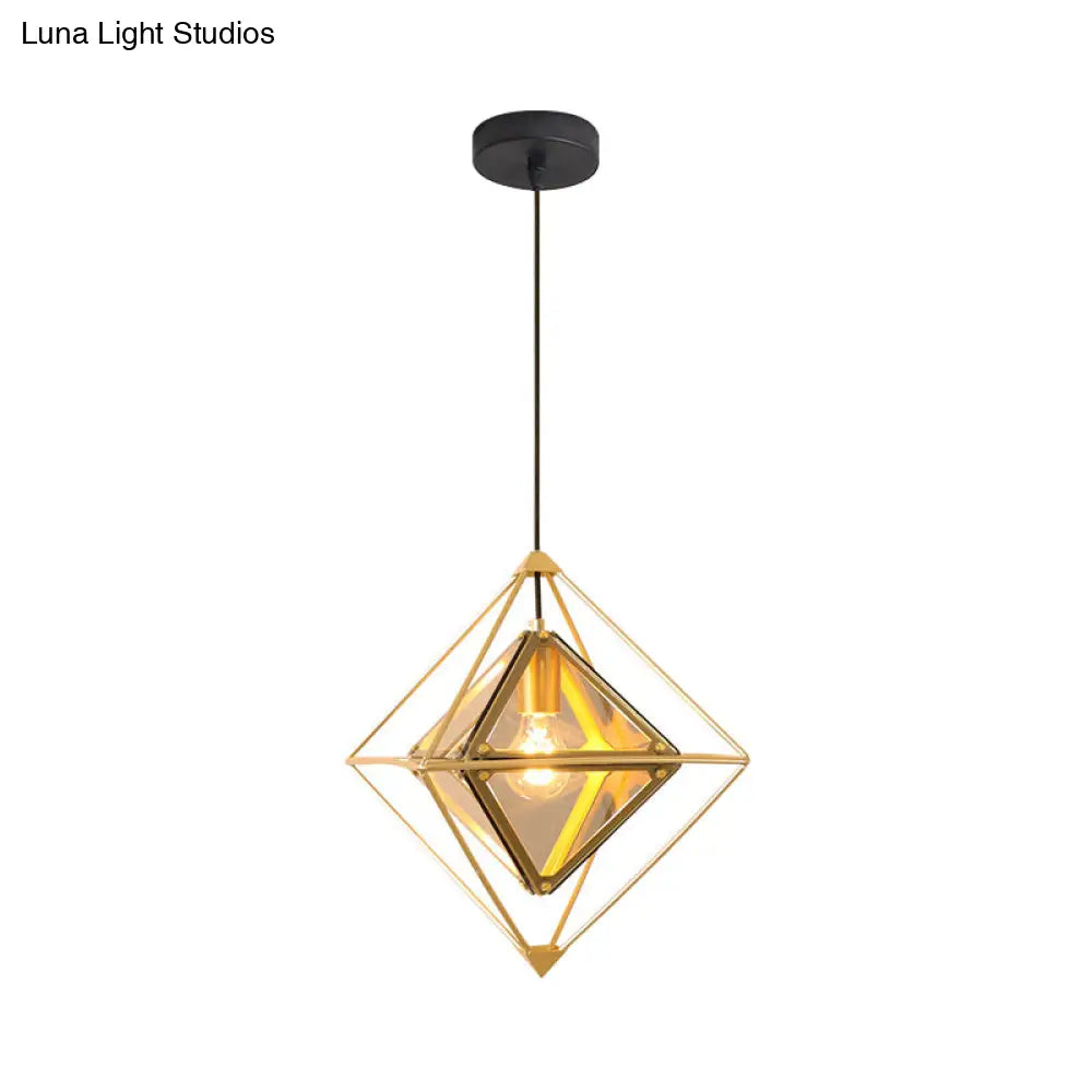 Contemporary 1-Light Pendant with Amber/Smoke Gray Glass Shade - Polygon Ceiling Lamp with Black/Gold Frame