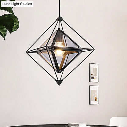 Contemporary 1-Light Pendant with Amber/Smoke Gray Glass Shade - Polygon Ceiling Lamp with Black/Gold Frame