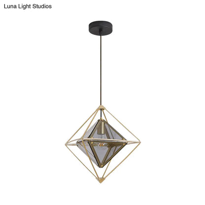 Contemporary 1-Light Pendant with Amber/Smoke Gray Glass Shade - Polygon Ceiling Lamp with Black/Gold Frame