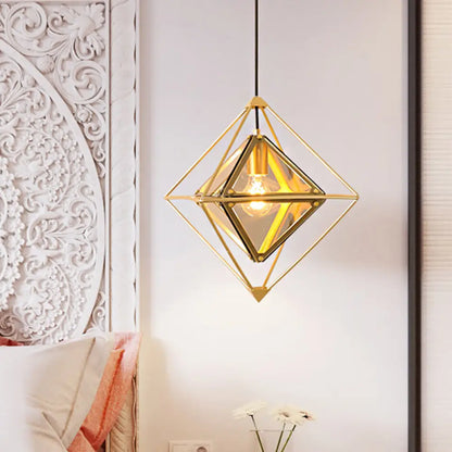 Contemporary 1-Light Pendant with Amber/Smoke Gray Glass Shade - Polygon Ceiling Lamp with Black/Gold Frame