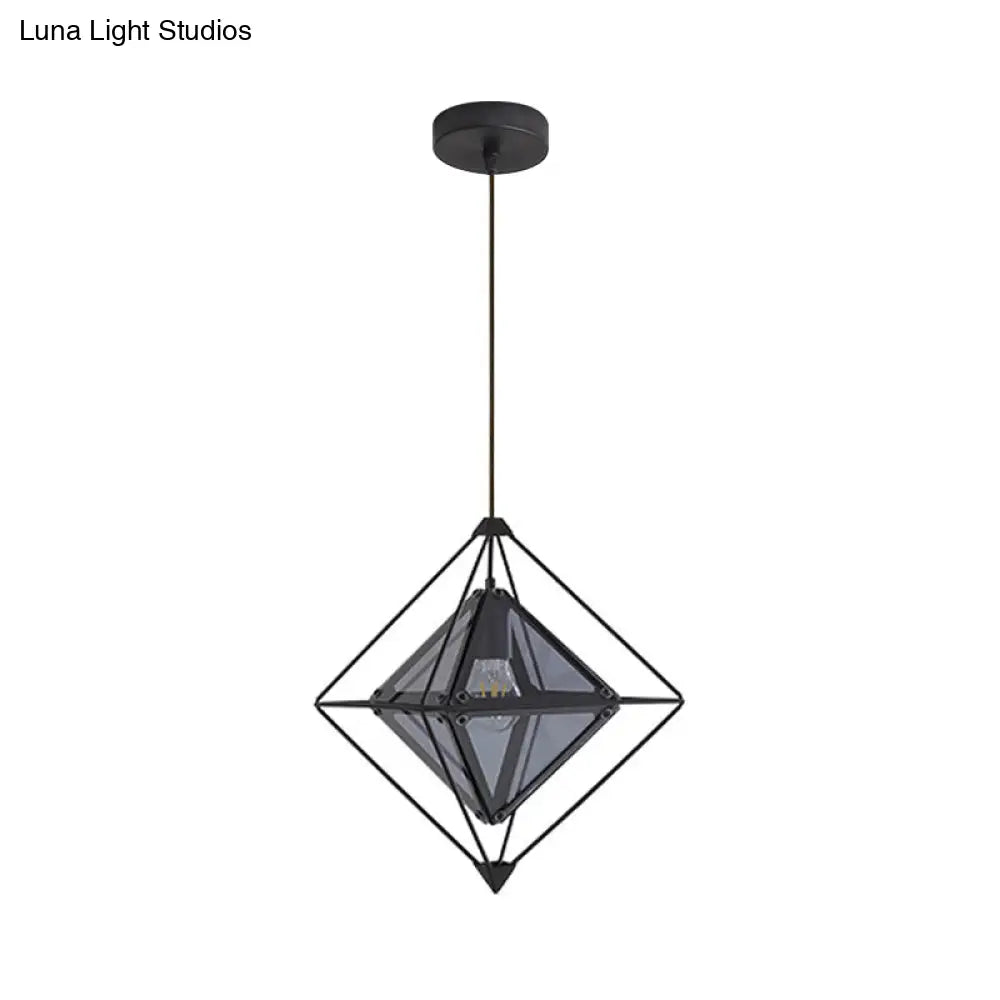 Contemporary 1-Light Pendant with Amber/Smoke Gray Glass Shade - Polygon Ceiling Lamp with Black/Gold Frame