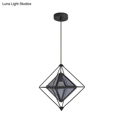 Contemporary 1-Light Pendant with Amber/Smoke Gray Glass Shade - Polygon Ceiling Lamp with Black/Gold Frame