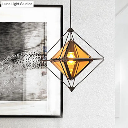 Contemporary 1-Light Pendant with Amber/Smoke Gray Glass Shade - Polygon Ceiling Lamp with Black/Gold Frame