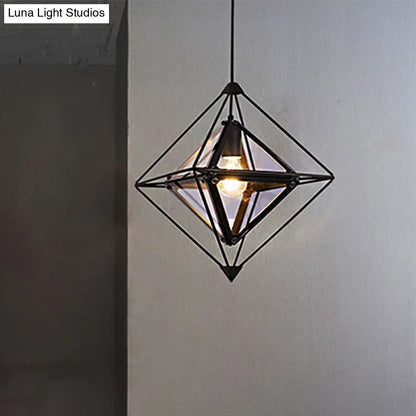 Contemporary 1-Light Pendant with Amber/Smoke Gray Glass Shade - Polygon Ceiling Lamp with Black/Gold Frame