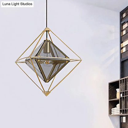 Contemporary 1-Light Pendant with Amber/Smoke Gray Glass Shade - Polygon Ceiling Lamp with Black/Gold Frame