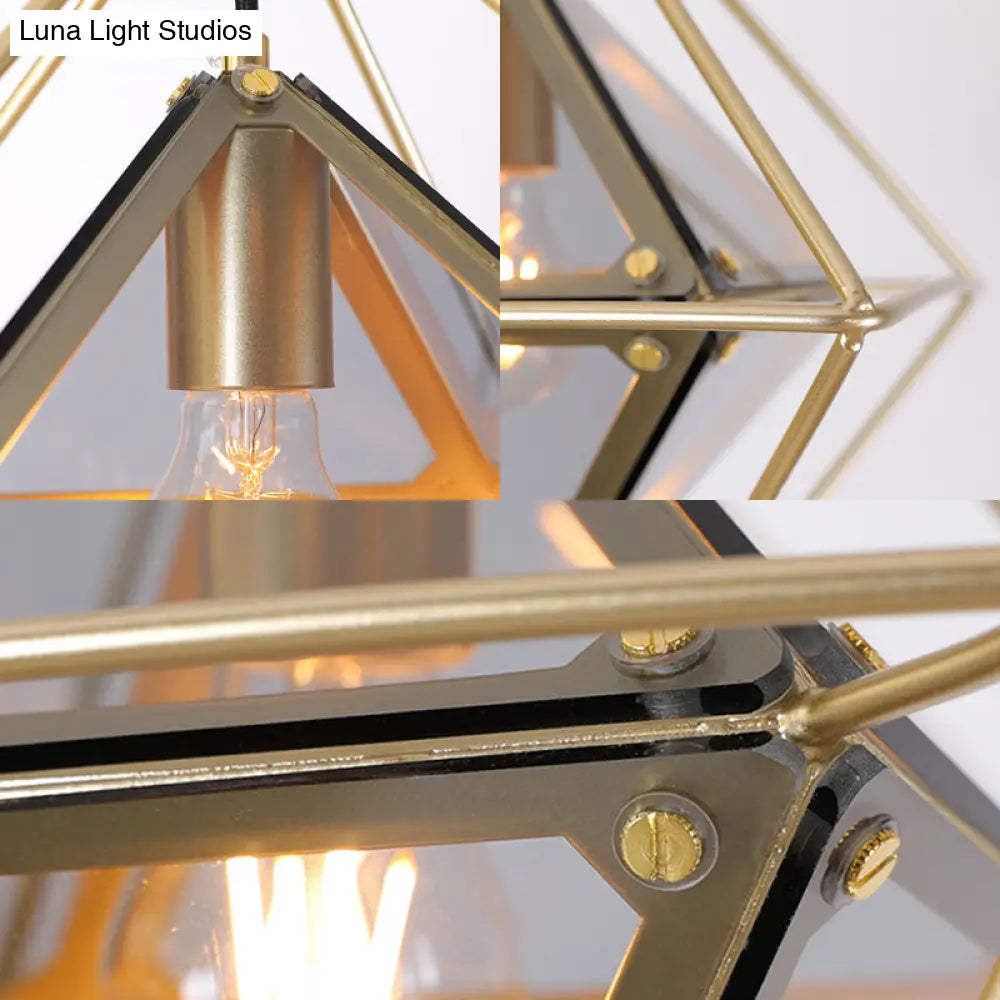 Contemporary 1-Light Pendant with Amber/Smoke Gray Glass Shade - Polygon Ceiling Lamp with Black/Gold Frame