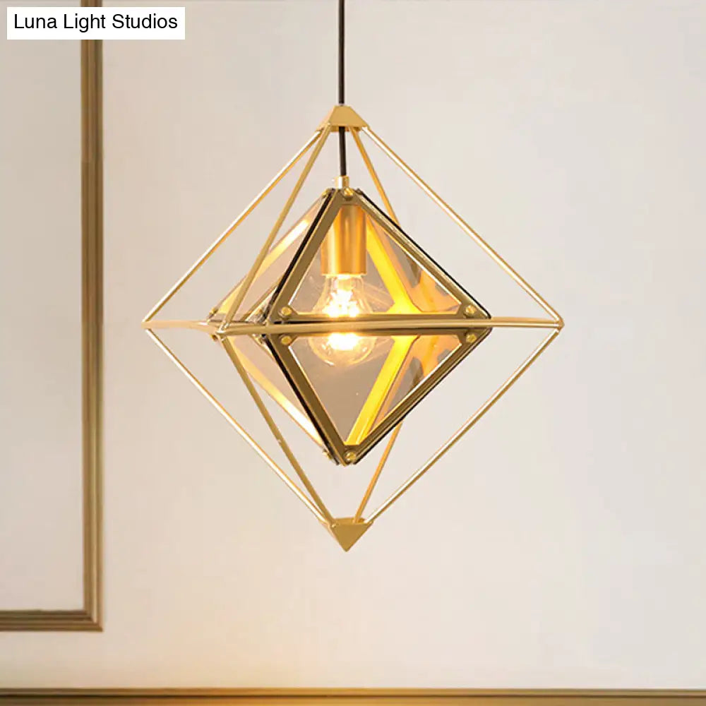 Contemporary 1-Light Pendant with Amber/Smoke Gray Glass Shade - Polygon Ceiling Lamp with Black/Gold Frame