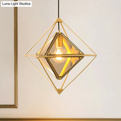 Contemporary 1-Light Pendant with Amber/Smoke Gray Glass Shade - Polygon Ceiling Lamp with Black/Gold Frame