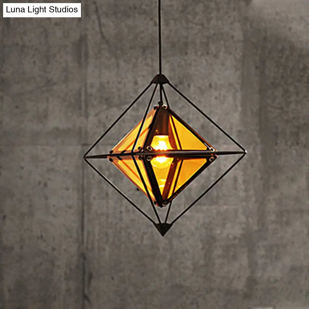 Contemporary 1-Light Pendant with Amber/Smoke Gray Glass Shade - Polygon Ceiling Lamp with Black/Gold Frame