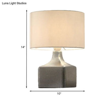 Contemporary 1-Light White Night Light with Drum Shade Fabric and Cubic Base