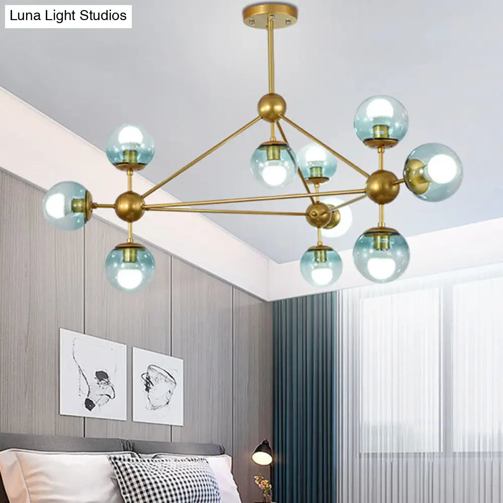 Contemporary 10-Head Gold Chandelier with Gradient Blue Glass Ball Pendant Lamp for Bedroom Lighting