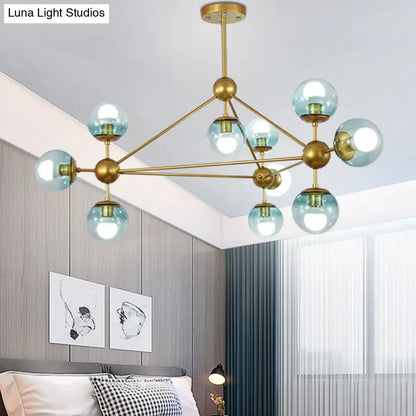 Contemporary 10-Head Gold Chandelier with Gradient Blue Glass Ball Pendant Lamp for Bedroom Lighting