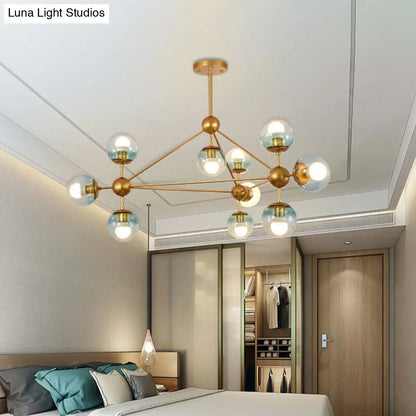 Contemporary 10-Head Gold Chandelier with Gradient Blue Glass Ball Pendant Lamp for Bedroom Lighting