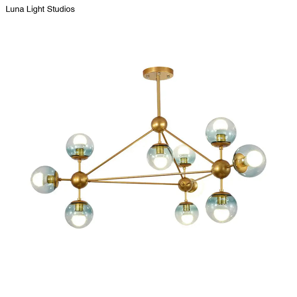 Contemporary 10-Head Gold Chandelier with Gradient Blue Glass Ball Pendant Lamp for Bedroom Lighting
