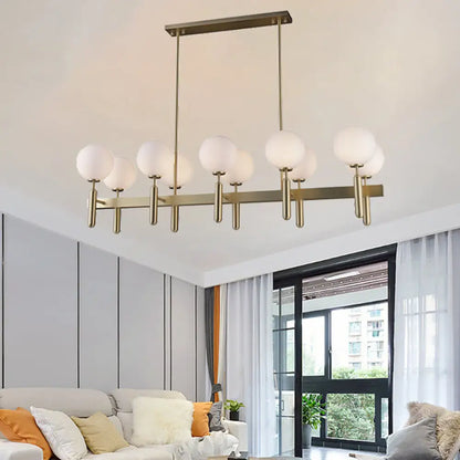 Lámpara colgante contemporánea DecorBites™ de 10 luces con diseño lineal dorado y pantallas de cristal blanco – Lámpara de techo para isla