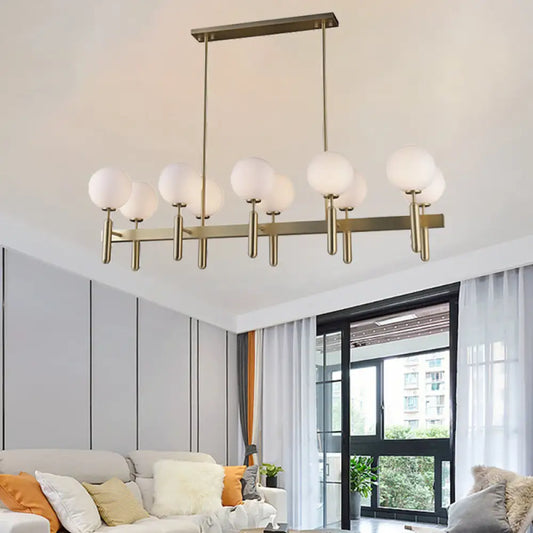 Lámpara colgante contemporánea DecorBites™ de 10 luces con diseño lineal dorado y pantallas de cristal blanco – Lámpara de techo para isla