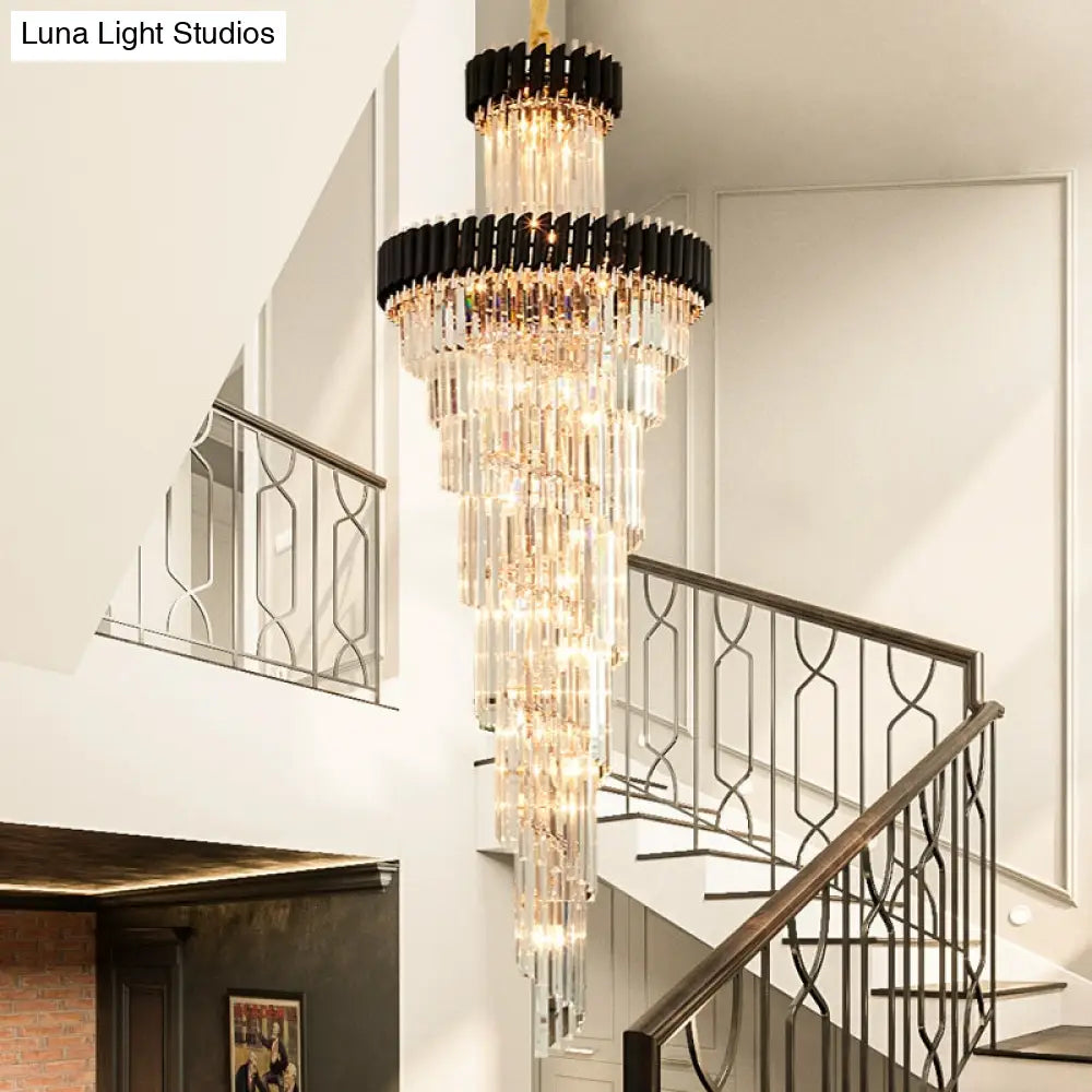 Lámpara de araña contemporánea de 14 luces con forma de espiral de cristal, negra/latón, perfecta para salones de banquetes.