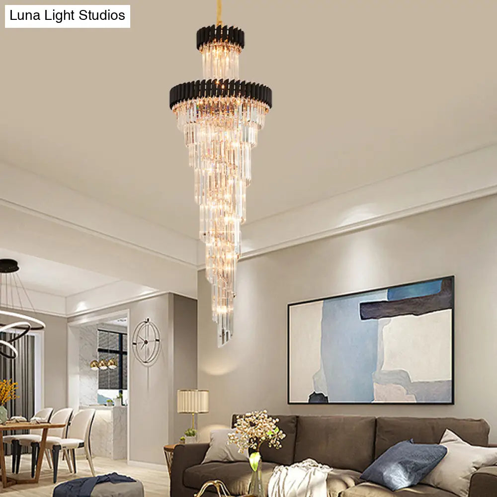 Lámpara de araña contemporánea de 14 luces con forma de espiral de cristal, negra/latón, perfecta para salones de banquetes.