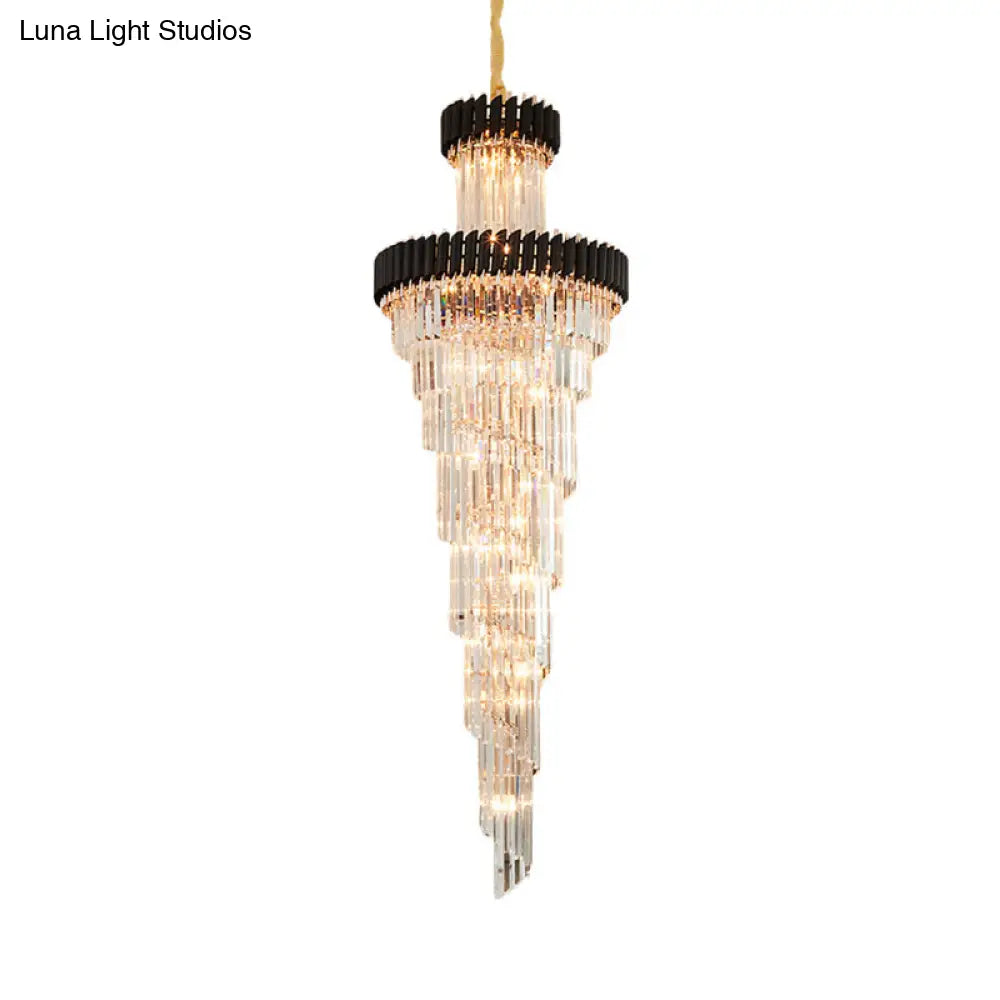 Lámpara de araña contemporánea de 14 luces con forma de espiral de cristal, negra/latón, perfecta para salones de banquetes.
