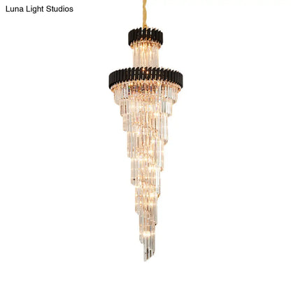 Lámpara de araña contemporánea de 14 luces con forma de espiral de cristal, negra/latón, perfecta para salones de banquetes.