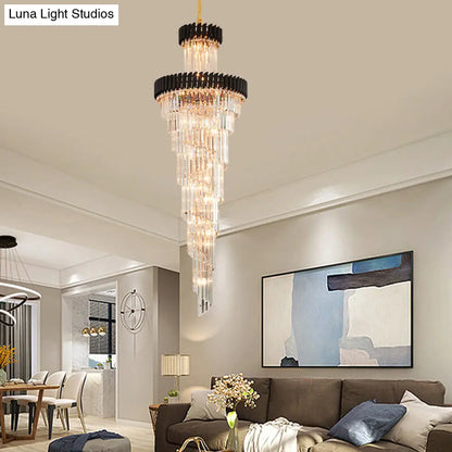 Lámpara de araña contemporánea de 14 luces con forma de espiral de cristal, negra/latón, perfecta para salones de banquetes.