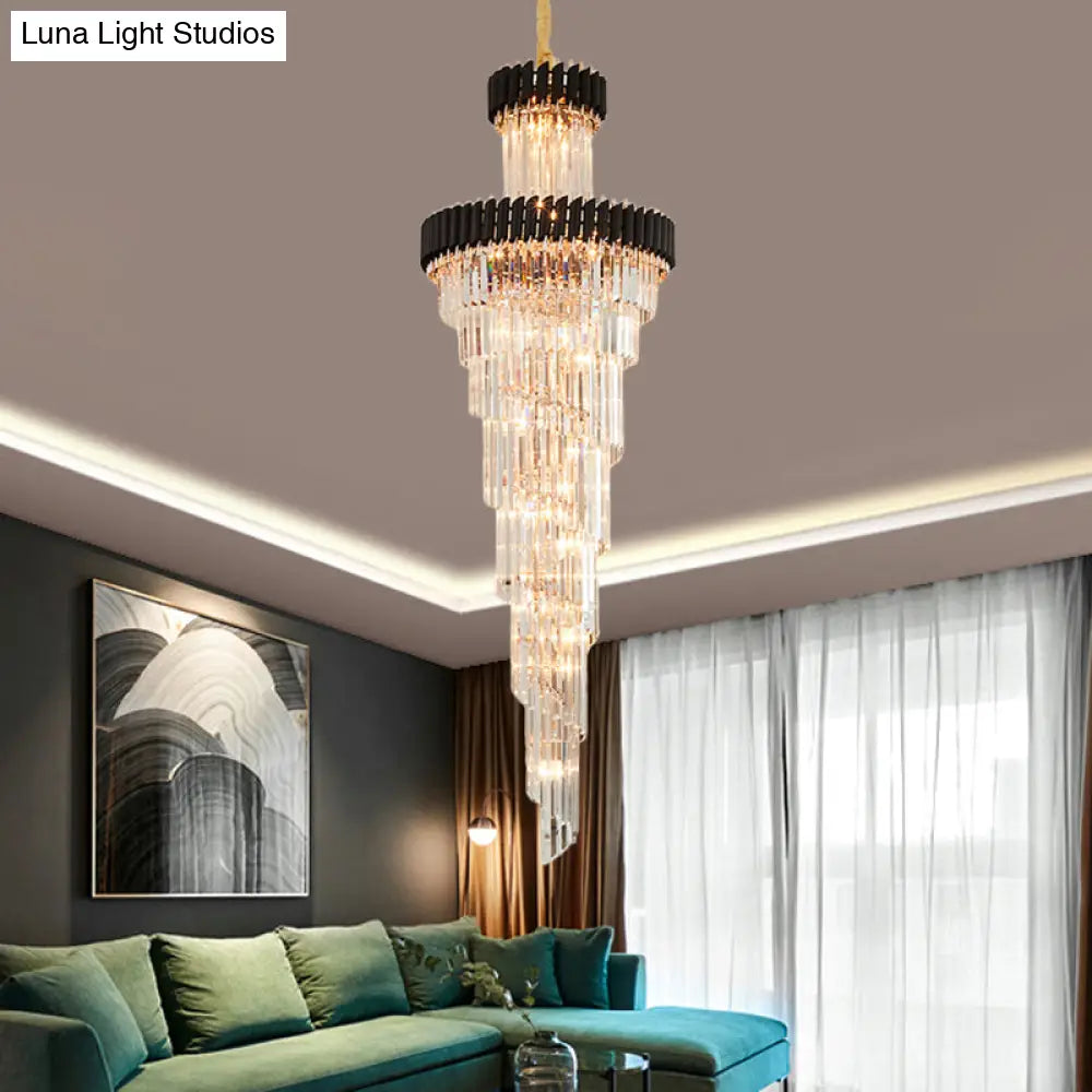 Lámpara de araña contemporánea de 14 luces con forma de espiral de cristal, negra/latón, perfecta para salones de banquetes.