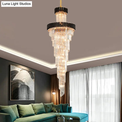 Lámpara de araña contemporánea de 14 luces con forma de espiral de cristal, negra/latón, perfecta para salones de banquetes.